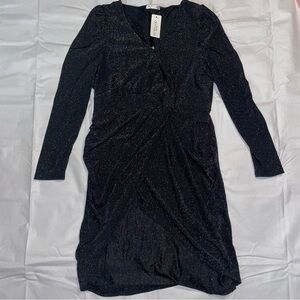 in'voland Midi Scrunch Slit Black With Silver Long Sleeve V Neck 16W Dress NWT